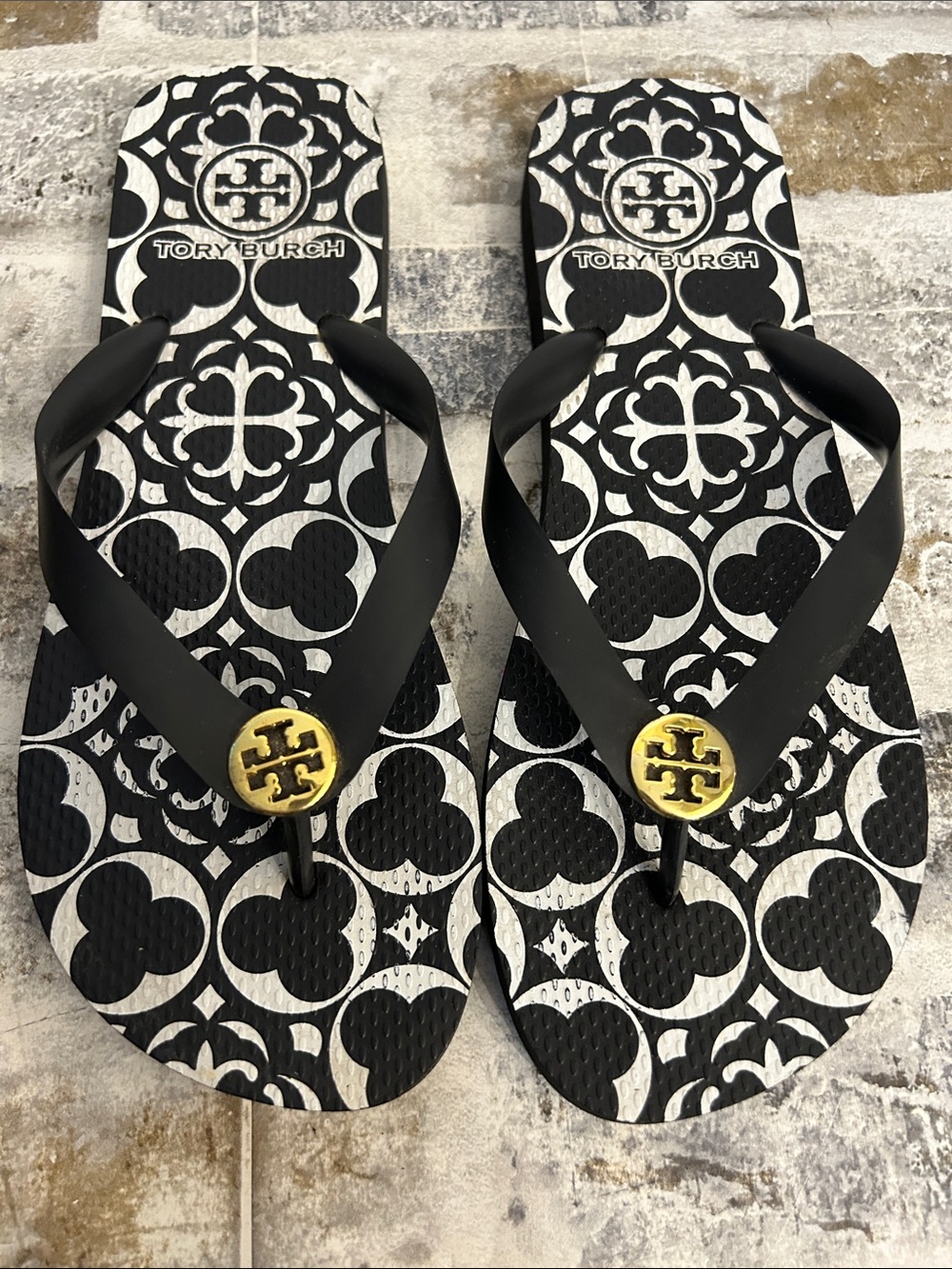 Tory Burch Black & White Printed Flip Flops